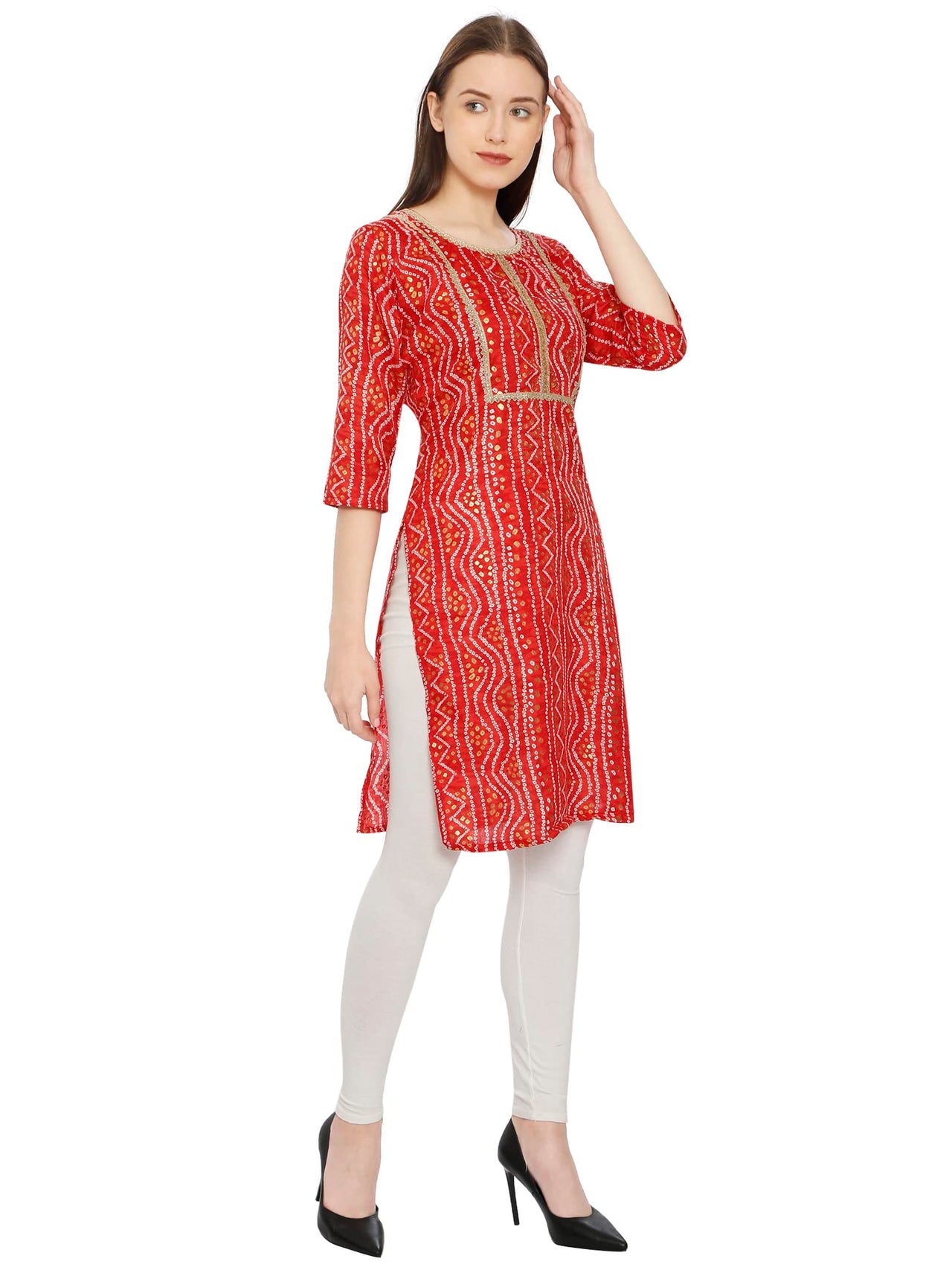 InTrend Forever Bandhani Foil Print Designer || Cotton Kurta for Ladies || Straight Fit || Zari & Sequins lace || Kurtis for Women