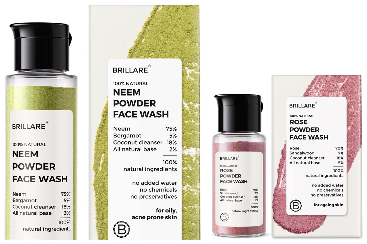 Brillare Neem Face Wash | for Acne & Pimples | with Bergamot for Clear Skin| 30g & Brillare Rose Face Wash | Anti Ageing Skin | Sandalwood & Coconut Face Wash for Hydration| 15g Combo