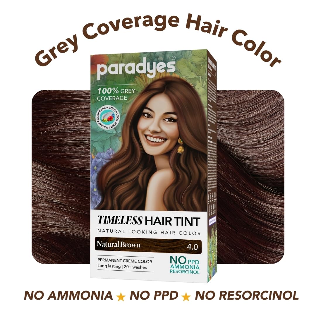 Paradyes Natural Brown Timeless Hair Tint, Permanent Crème Hair Colour for Natural-Looking Results, Complete Grey Coverage, Long-Lasting Formula Free from PPD, Ammonia, & Resorcinol, 4.0