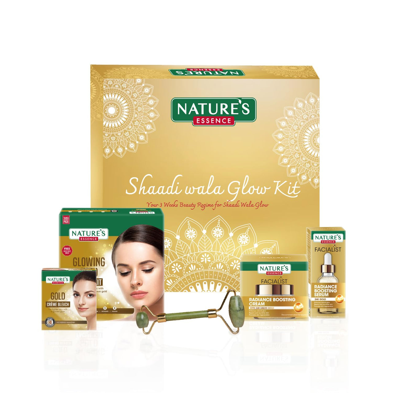 Nature's Essence Shaadi Wala Glow Kit - 3 weeks ritual | Skincare combo for Women | Gold Facial kit, Serum, cream & Jade Roller | Suitable for all skin types | Pack of 5, 126g +30ml