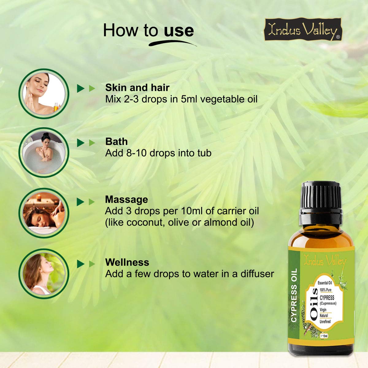 Indus Valley 100% Pure Natural & Organic, Undiluted Cypress Essential Oil with Glass Dropper for Skin, Hair Care -15ml