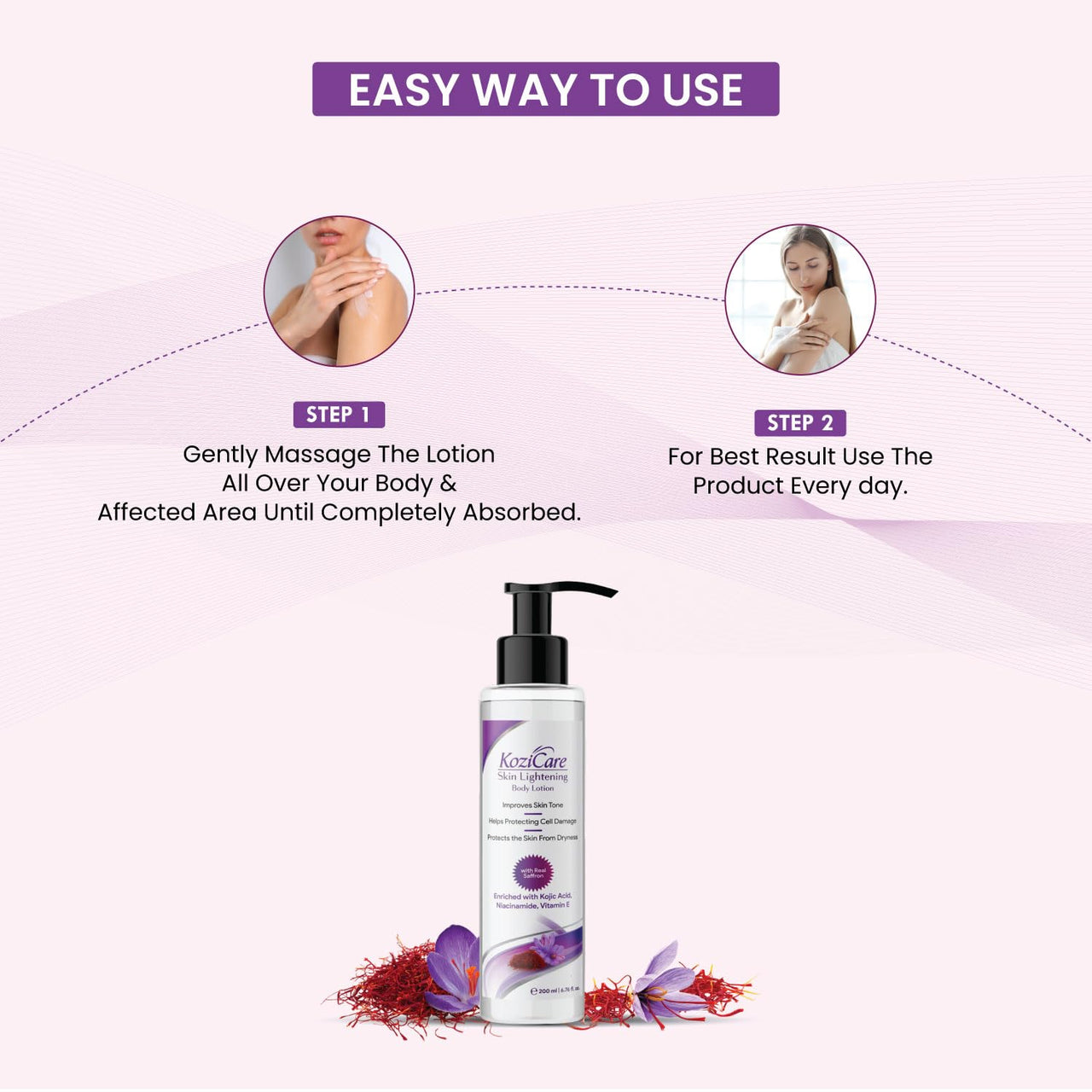 Kozicare Real Saffron Lightening/Brightening Body Lotion with Real Saffron, Kojic Acid, Vitamin E, Shea Butter, Niacinamide |Improve Skin Shade, Helps Protecting Cell Damage – 200ml (Pack of 2)