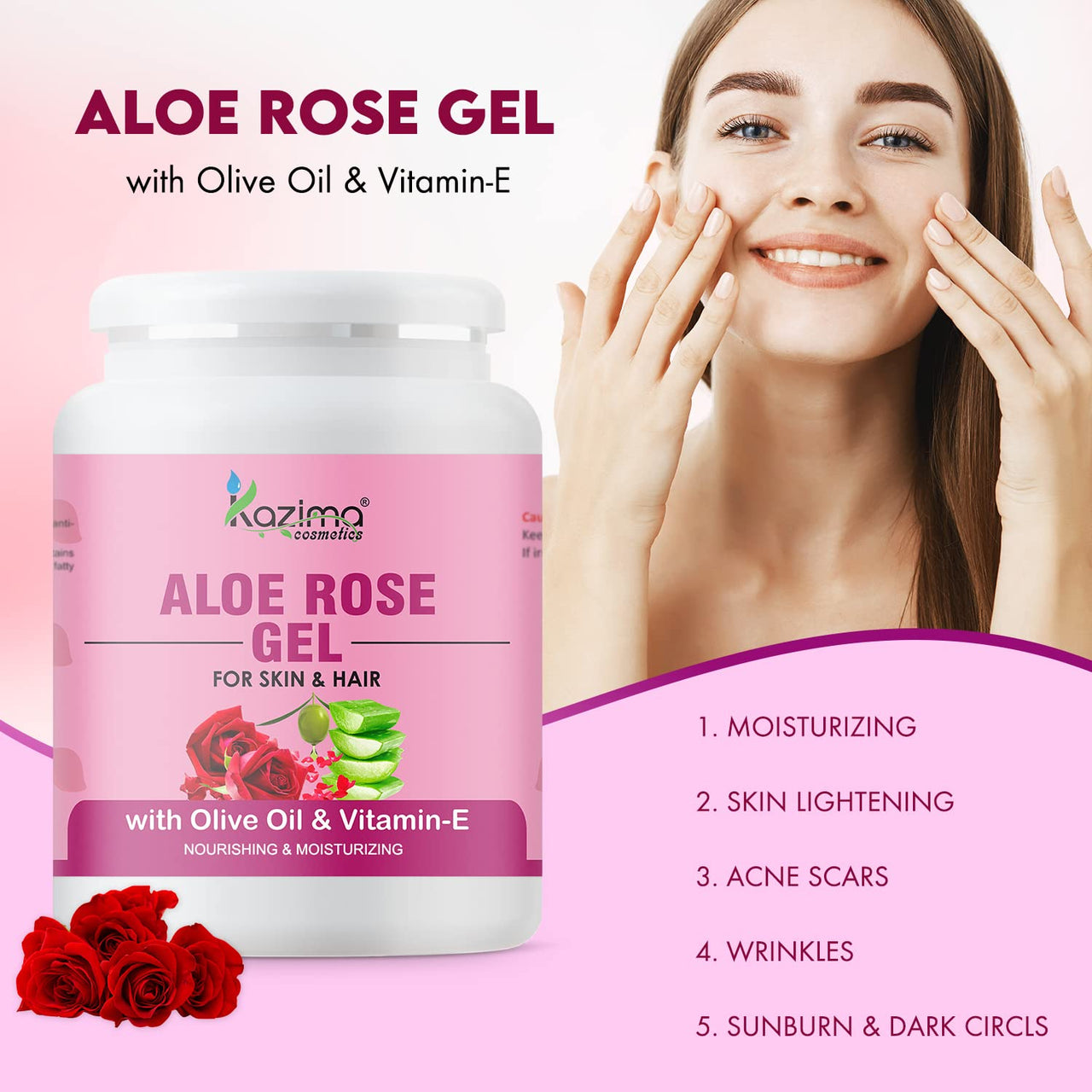 KAZIMA Aloe Rose Gel for Face and Body, 500gm | with Olive, Vitamin E and Pure Aloe Vera for Soothing, Hydrating, and Moisturizing | Aloe Rose Soothing Gel for Senstitive & Irritated Skin
