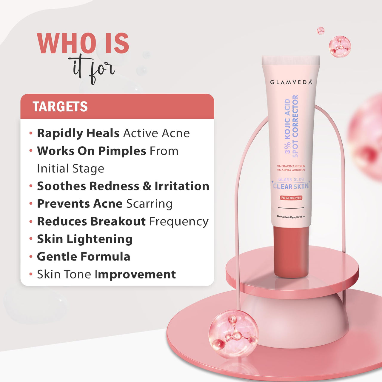 Glamveda 3% Kojic Acid Spot Corrector Gel Reduces Acne Scars & Dark Spots | Glow Booster & Pigmentation Removal | With Alpha Arbutin & Niacinamide | 20g