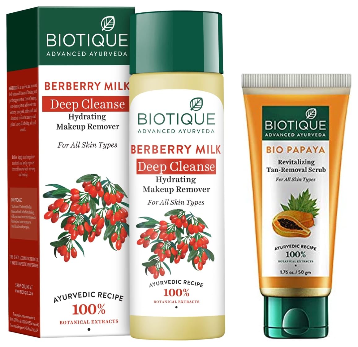 Biotique Bio Papaya Revitalizing Tan Removal Scrub, 50g And Biotique Bio Berberry Hydrating Cleanser For All Skin Types, 120Ml