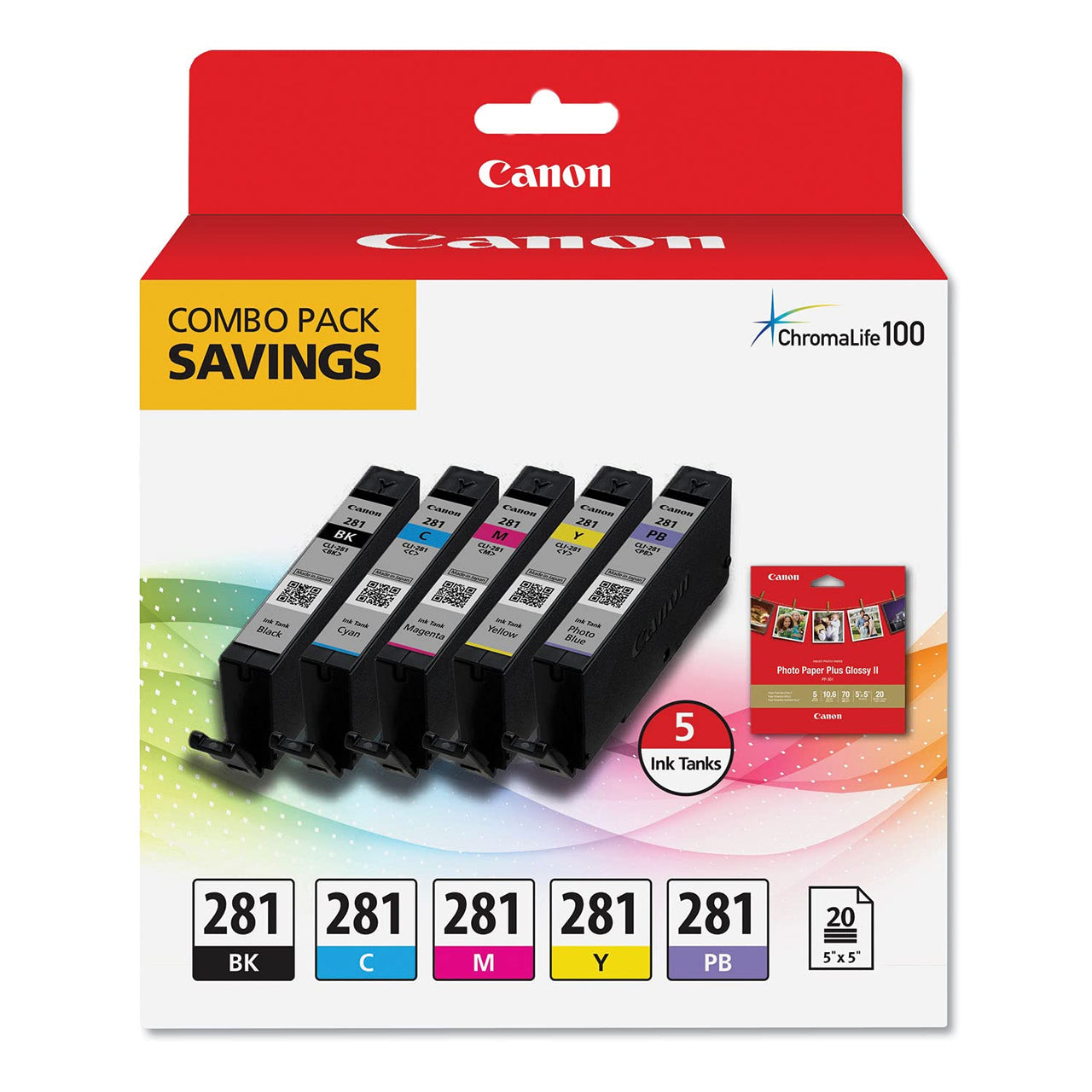 Canon CLI-281 BKCMYPB / 20 Sheets 5"x5" Square Combo Pack Compatible to TS9120 Series,TS8120 Series, TS8220 Black,Cyan,Magenta,Yellow, Blue Standard Ink