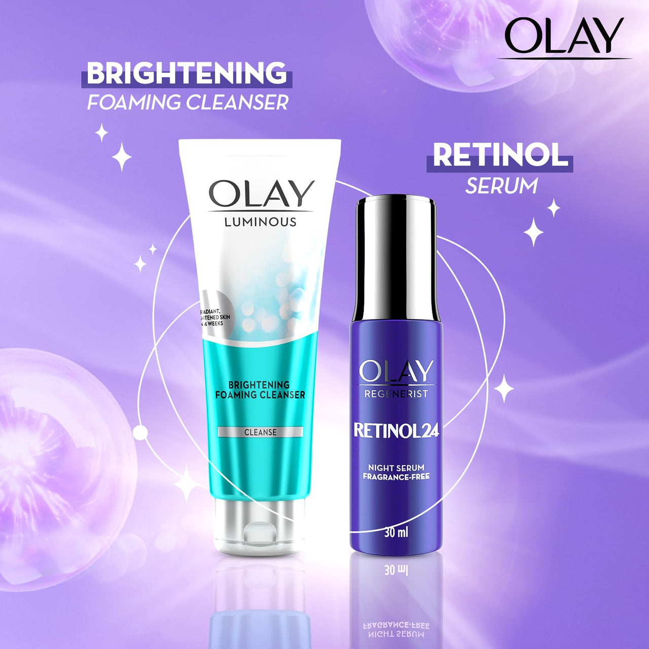 Olay Retinol Kit For Overnight Repair | Retinol Serum With Free Cleanser | Plumper, Younger Looking Skin | 24H Hydration | Fragrance Free | Normal, Oily,Dry,Combination Skin |Pack Of 2