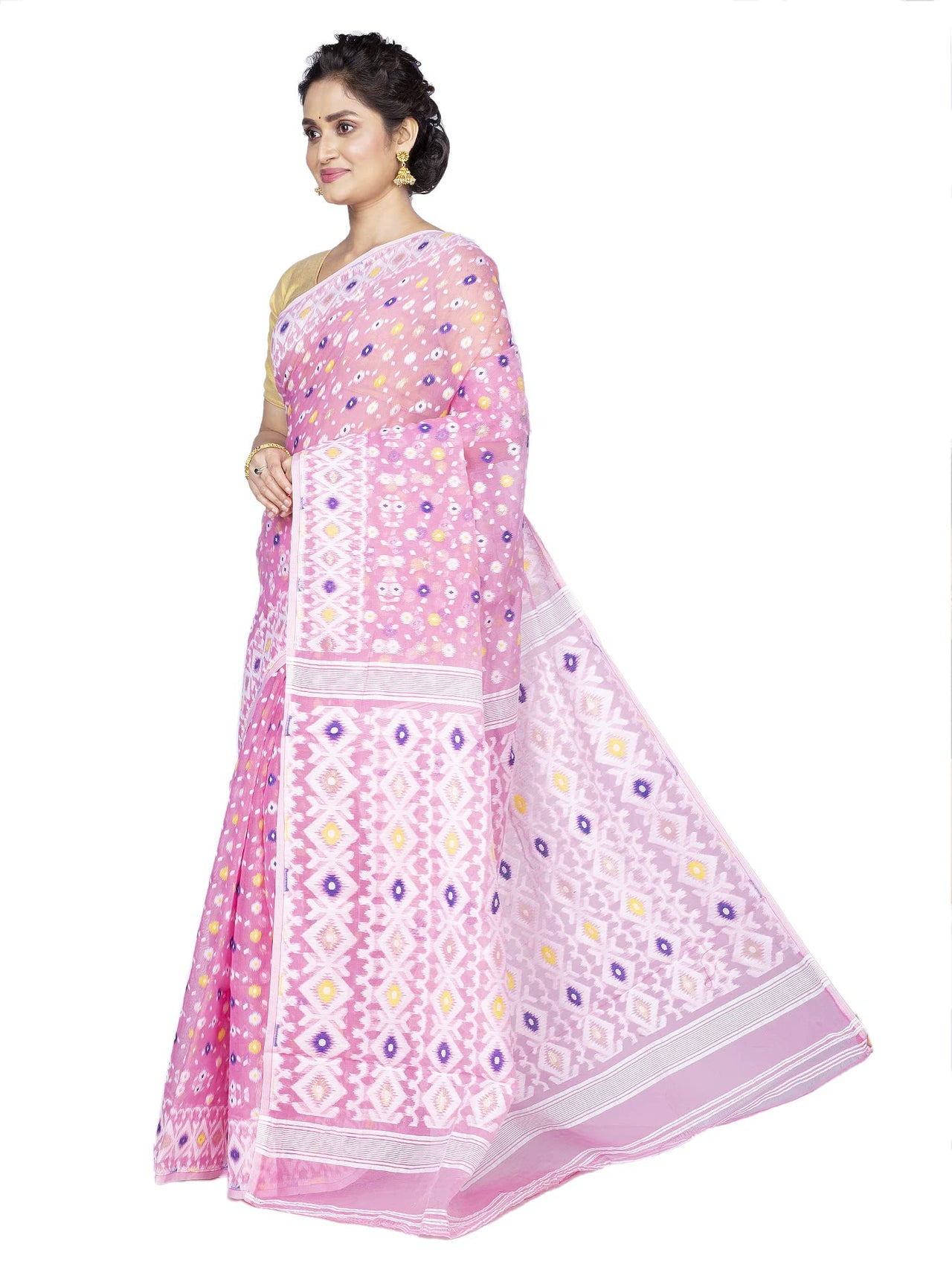 T.J. SAREES Women's  Jamdani Silk Blend Saree Without Blouse Piece