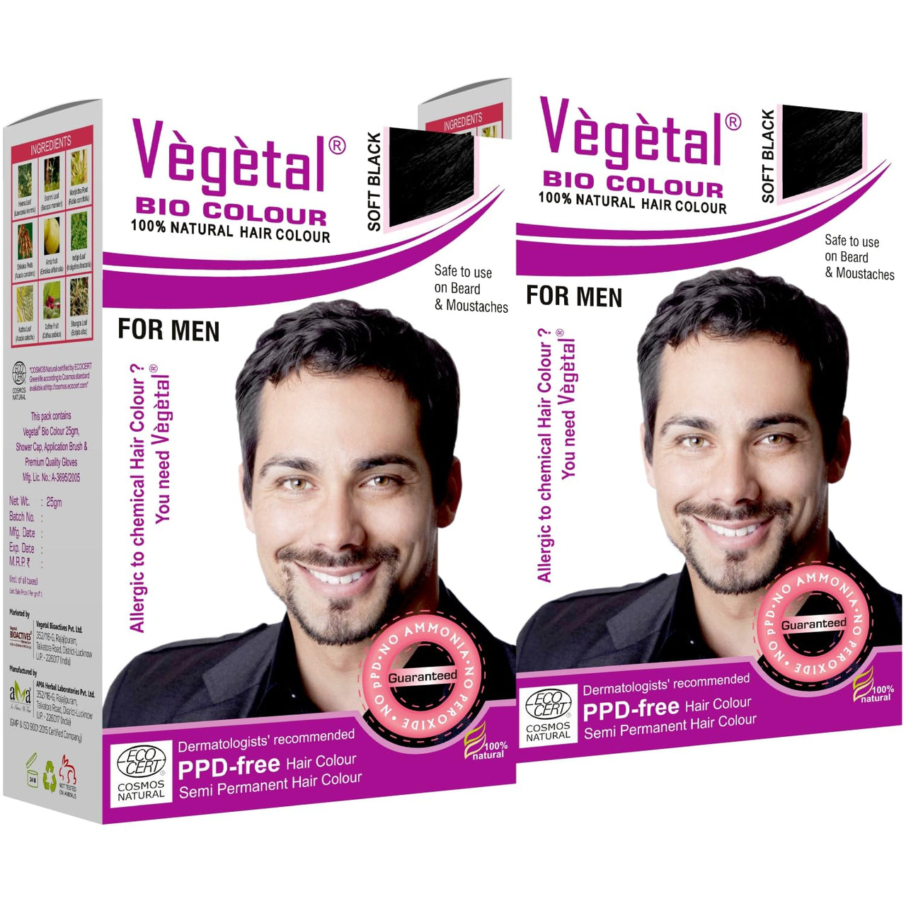 Vegetal Bio Colour Natural Hair Colour for Men, Soft Black, PPD-free, Semi-Permanent, Safe for Beard and Moustache 25g. (Pack of 2)