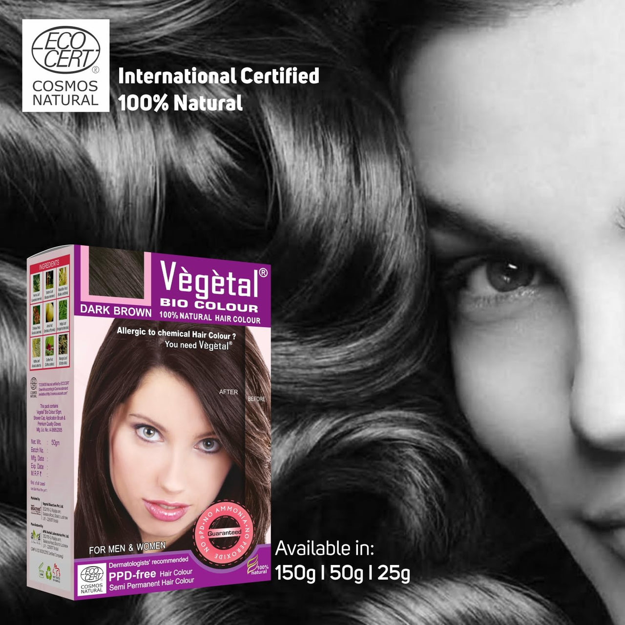Vegetal Bio Hair Colour Dark Brown|50g (Pack of 2)| Achieve Natural, Ammonia-Free Hair Color|PPD-Free, 100% Herbal Certified Organic for Men & Women|UV Protection and Luster Maintenance|Complete Kit