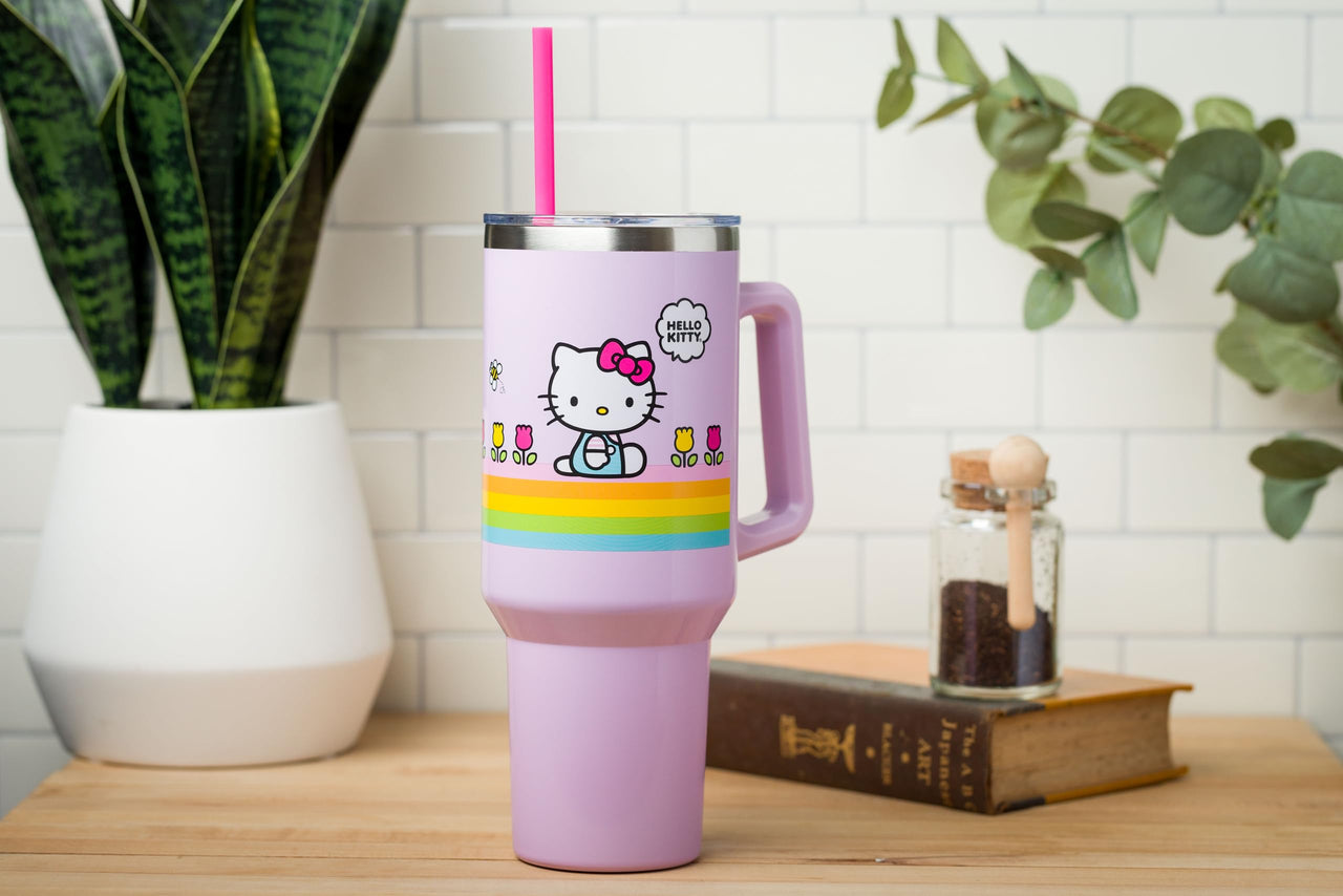 Silver Buffalo Sanrio Hello Kitty Spring and Summer Flowers Rainbow Stripes Stainless Steel Tumbler with Handle and Straw, Fits in Standard Cup Holder, 40 Ounces