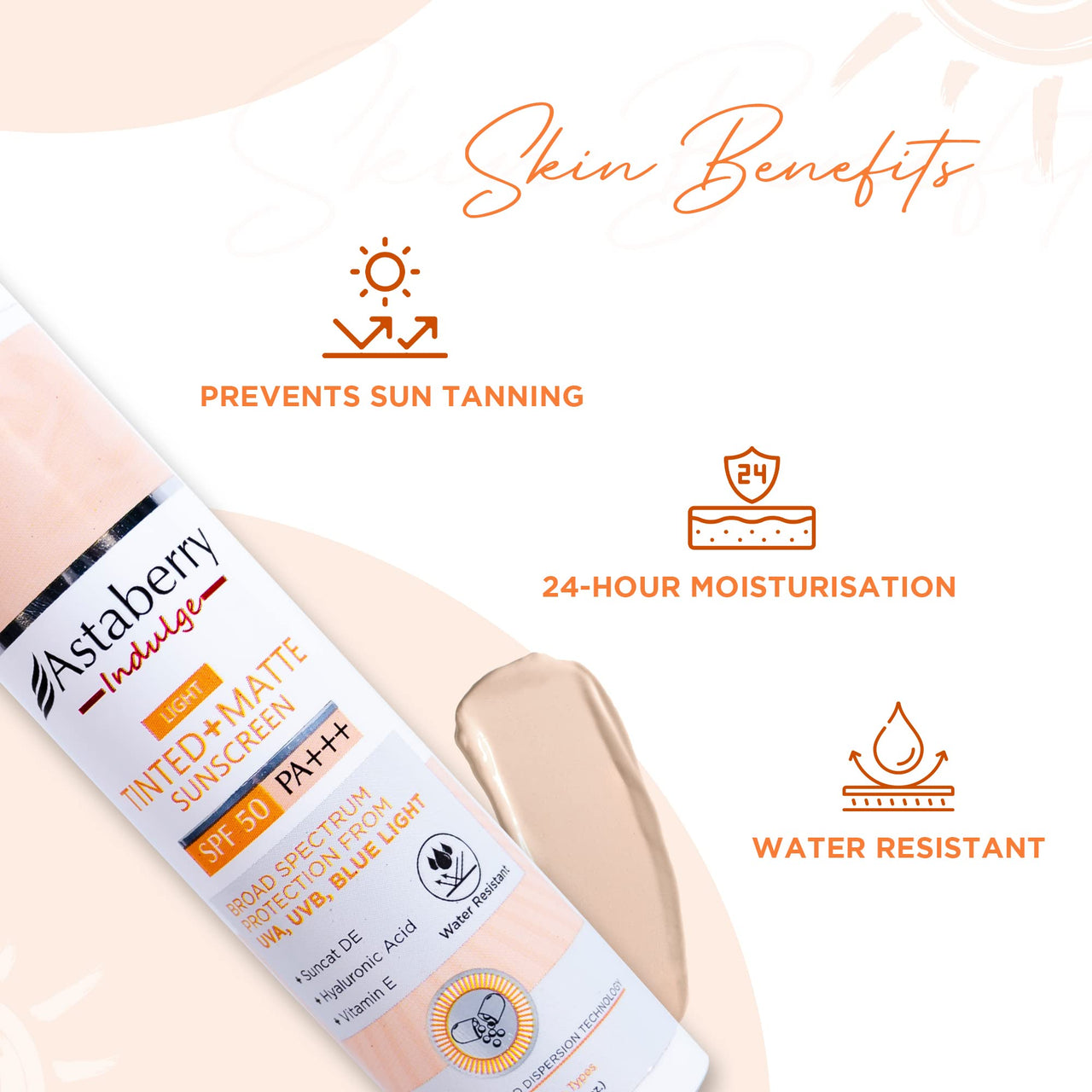 ASTABERRY Indulge Tinted Matte Sunscreen SPF 50 PA+++ | Broad Spectrum Protection from UVA/B & Blue Light | Suncat DE & No White Cast |Provides a Light Tint - 50g (Light), All