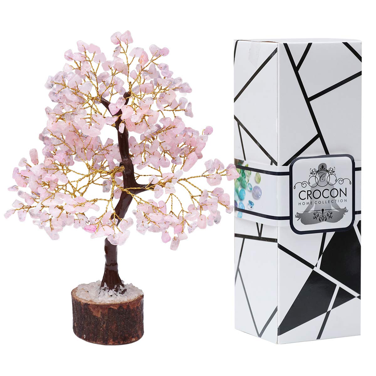 Rose Quartz Gemstone Tree - Crystal Tree for Positive Energy, Handmade Chakra Tree, Feng Shui Figurine - Money Bonsai, Good Luck Reiki Healing Crystals, Decoration Ornament Sculpture Prosperity Gift Rose Quartz (Golden Wire)