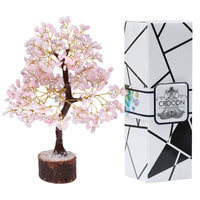 Rose Quartz Gemstone Tree - Crystal Tree for Positive Energy, Handmade Chakra Tree, Feng Shui Figurine - Money Bonsai, Good Luck Reiki Healing Crystals, Decoration Ornament Sculpture Prosperity Gift Rose Quartz (Golden Wire)