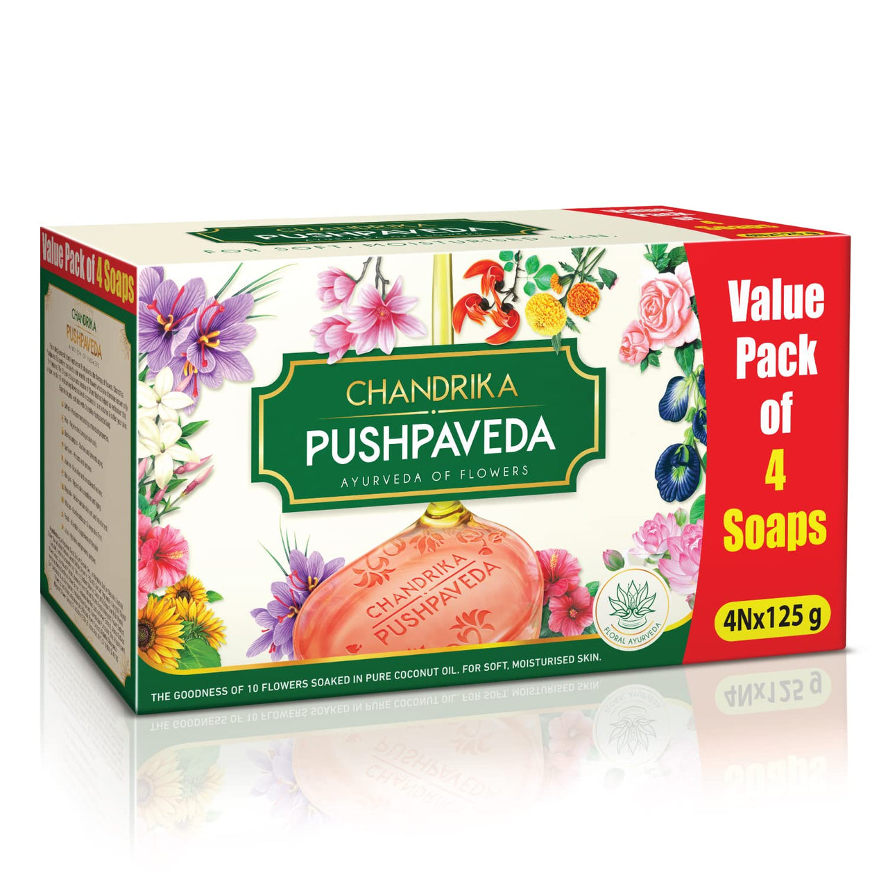 Chandrika Pushpaveda Ayurvedic Soap| Ayurveda of Flowers for Soft, Moisturized Skin| 125g (Pack of 4)