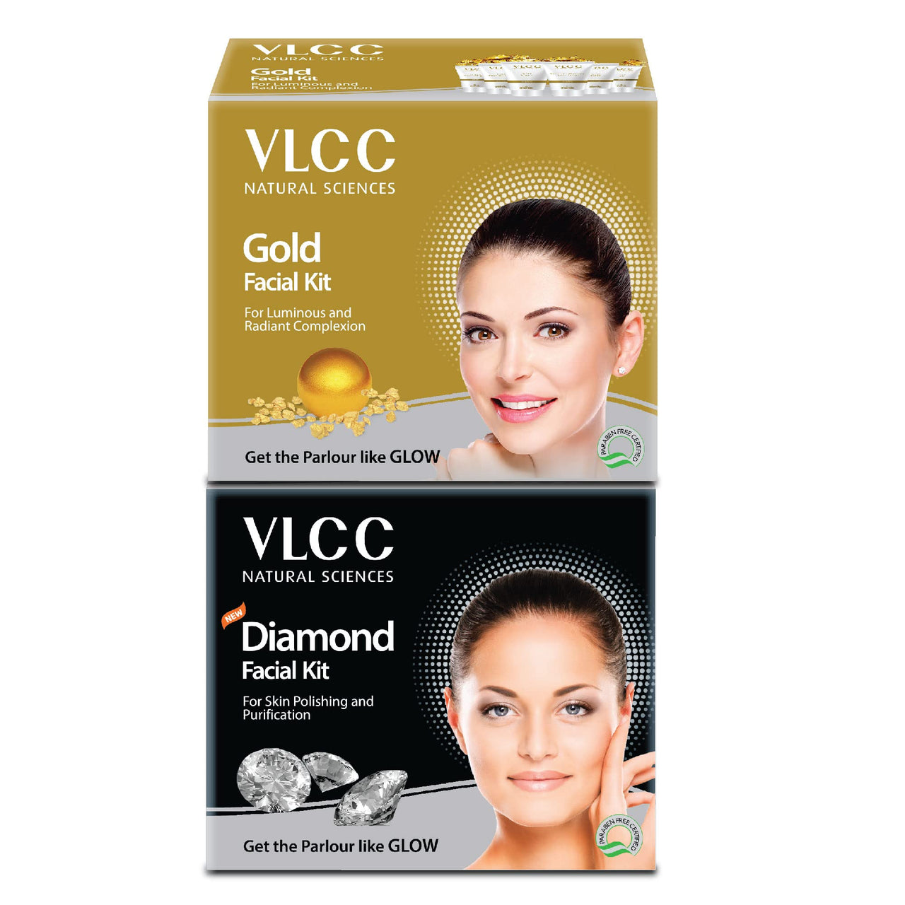VLCC Gold Facial Kit & VLCC Diamond Facial Kit - 60g Each (Pack of 2) | Pamper your Skin for a Luminous Glow | Skin purifying with Parlour Glow | With Gold Bhasma, Colloidal Diamond & Aloe Vera