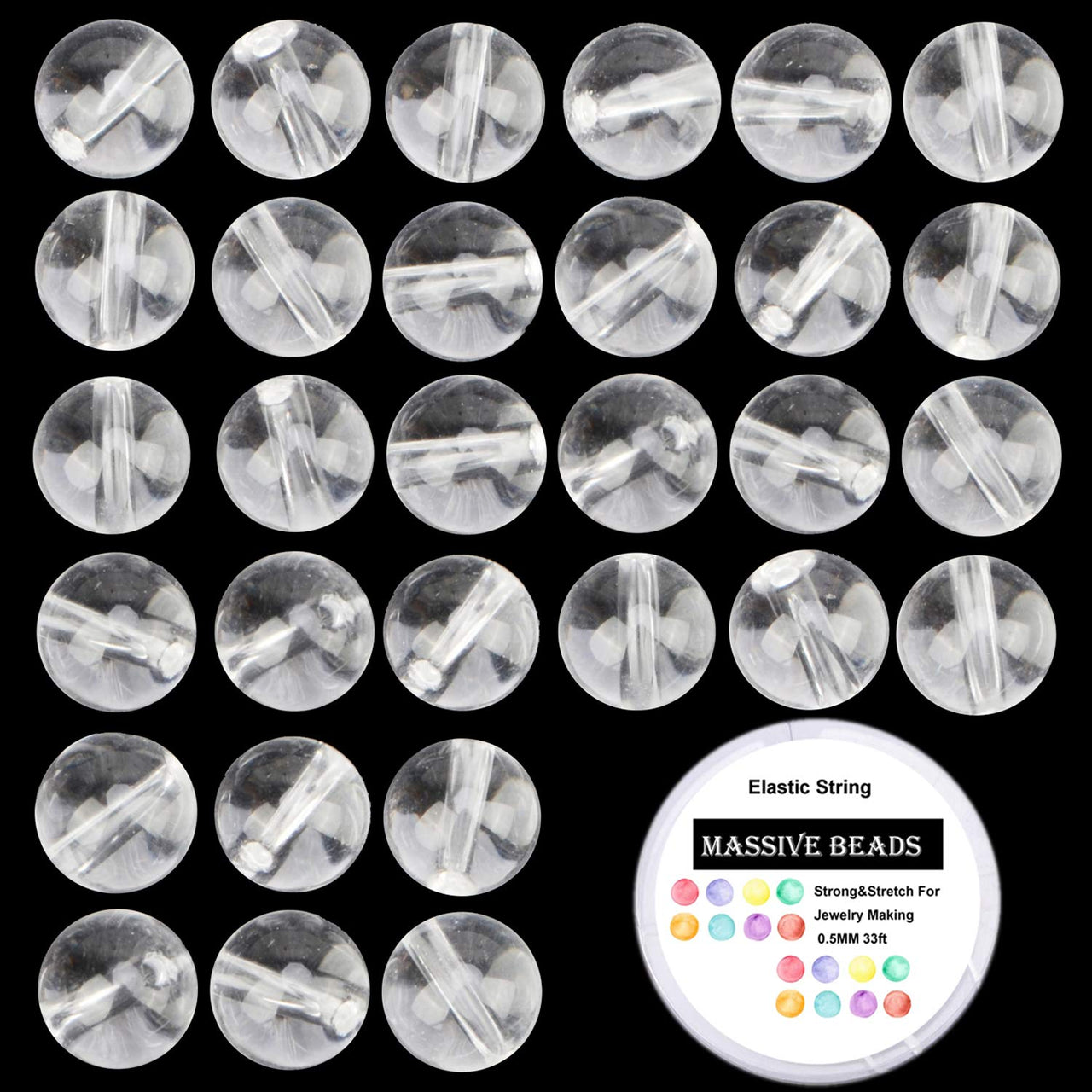 100Pcs Natural Crystal Beads Stone Gemstone Round Loose Energy Healing Beads with Free Crystal Stretch Cord for Jewelry Making (Clear Crystal, 8MM) Clear Crystal