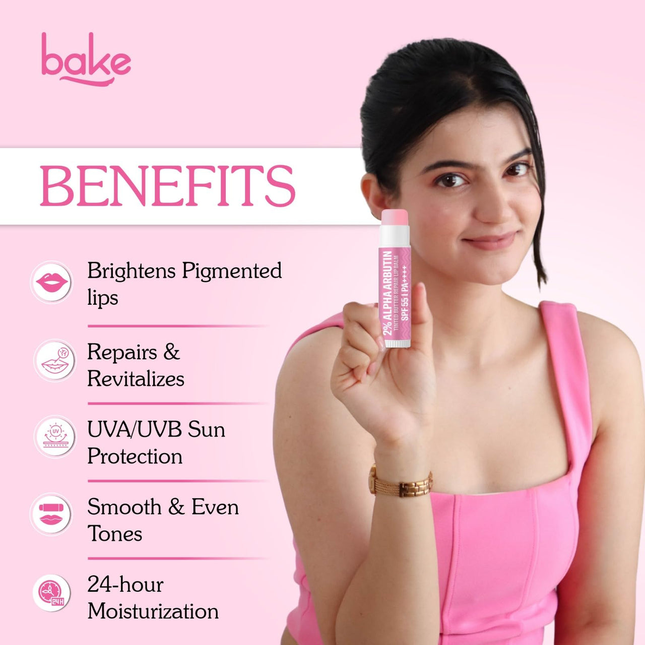 BAKE 2% Alpha Arbutin Tinted Butter Brightening Lip Balm SPF 55 PA++++ with Niacinamide, Lactic Acid | For Dark, Pigmented, Dry & Chapped Lips | Brightens Pigmented Lips | UVA/B Rays Sun Protection - 5g