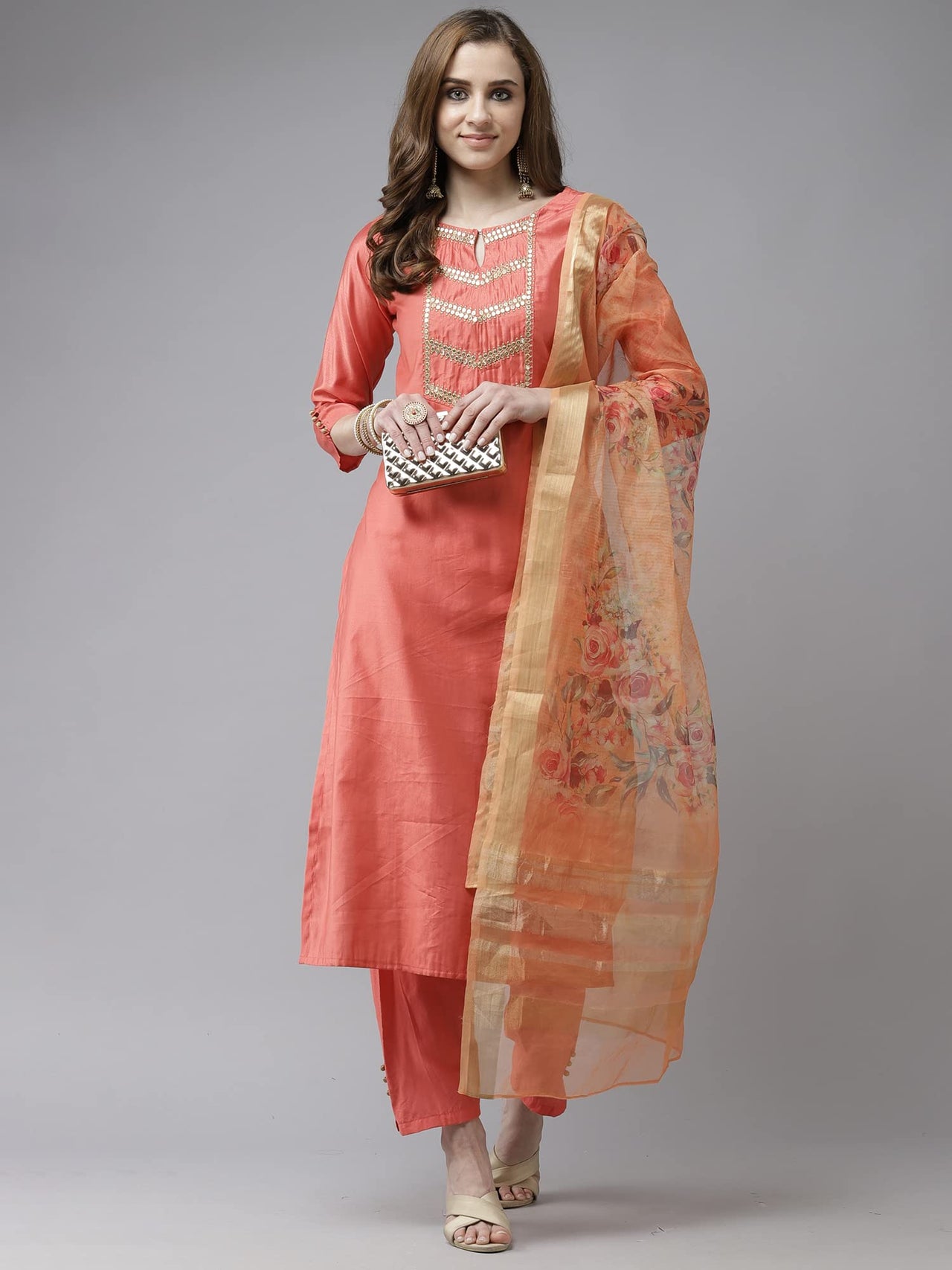 INDO ERA Women's  Cream Solid Viscose Straight Kurta Trouser With Dupatta Set