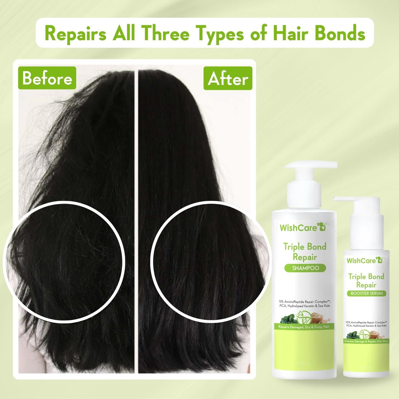 WishCare Triple Bond Repair Booster Hair Serum for Dry Frizzy Hair - 10% AminoPeptide Complex- For Men & Women 100ml