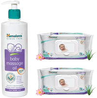 Himalaya Baby Massage Oil (500ml) and Himalaya Gentle Wipes (72 Counts, Packs of 2) Combo
