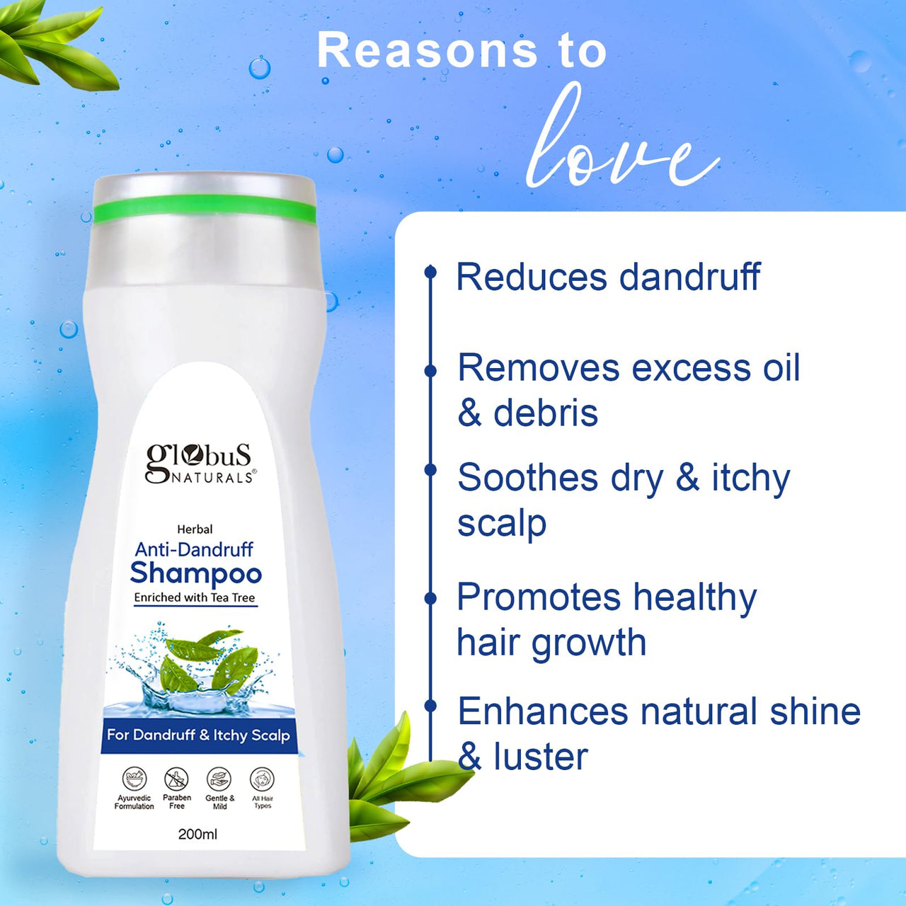 Globus Naturals Anti Dandruff Shampoo, For Dandruff and Itchy Scalp, Suitable For All Hair Types, 200 ml (Pack of 2)