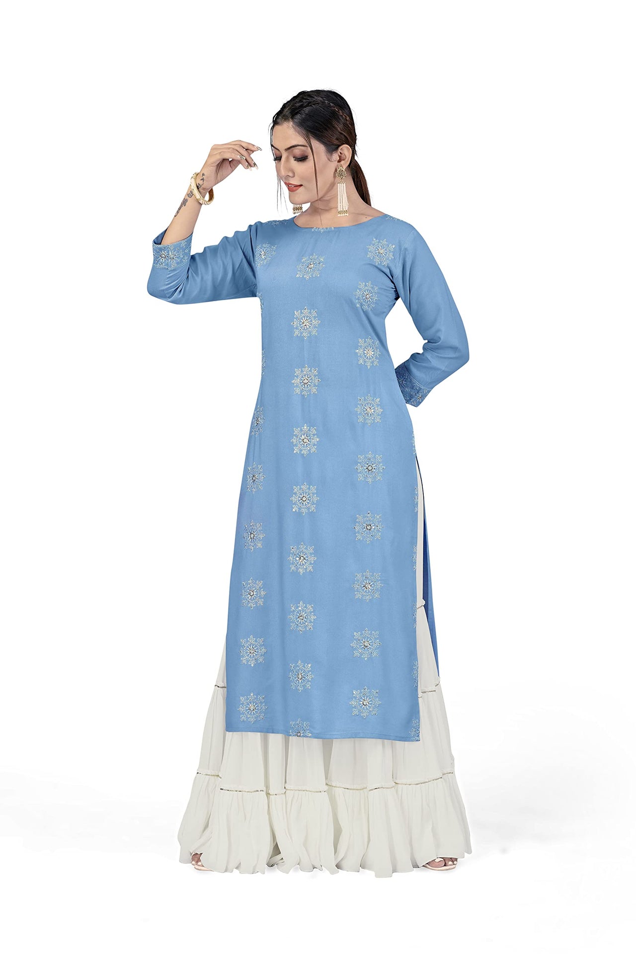 Fashion Dream Women Viscose Rayon Sequence Embroidered Straight Kurti