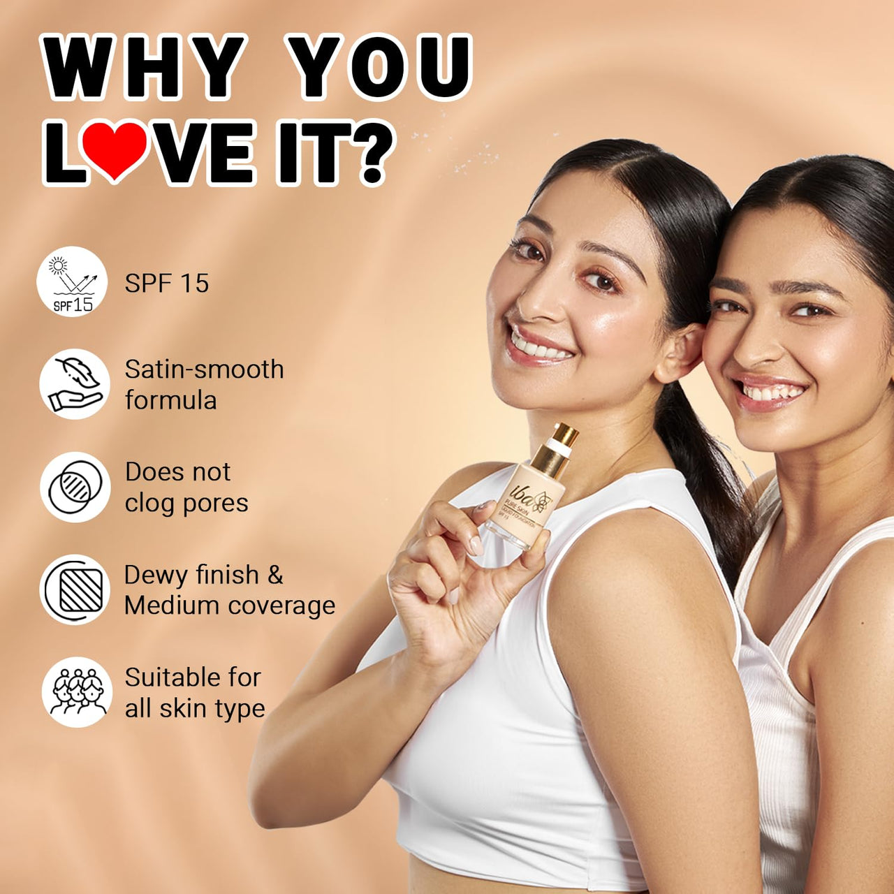 Iba Pure Skin Liquid Foundation - Sun Beige, 30ml | Full Coverage | Long Lasting | Lightweight | Oil Free Dewy Finish | SPF 15 | Halal Certified & Vegan Makeup