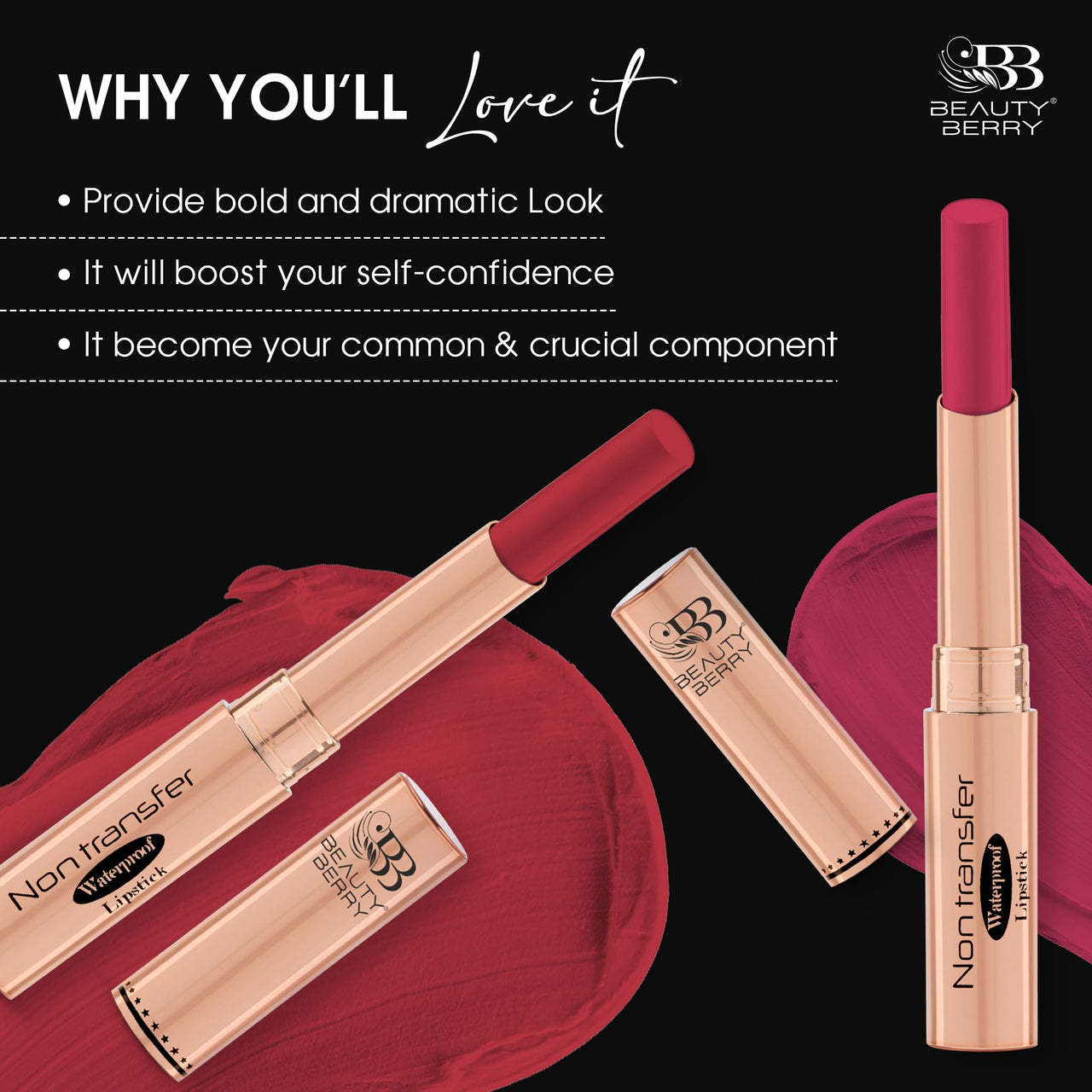 Beauty Berry Non Transfer Waterproof Lipstick, Long Lasting Smudge Proof Highly Pigmented Shades, (MEHROON-02, 1)