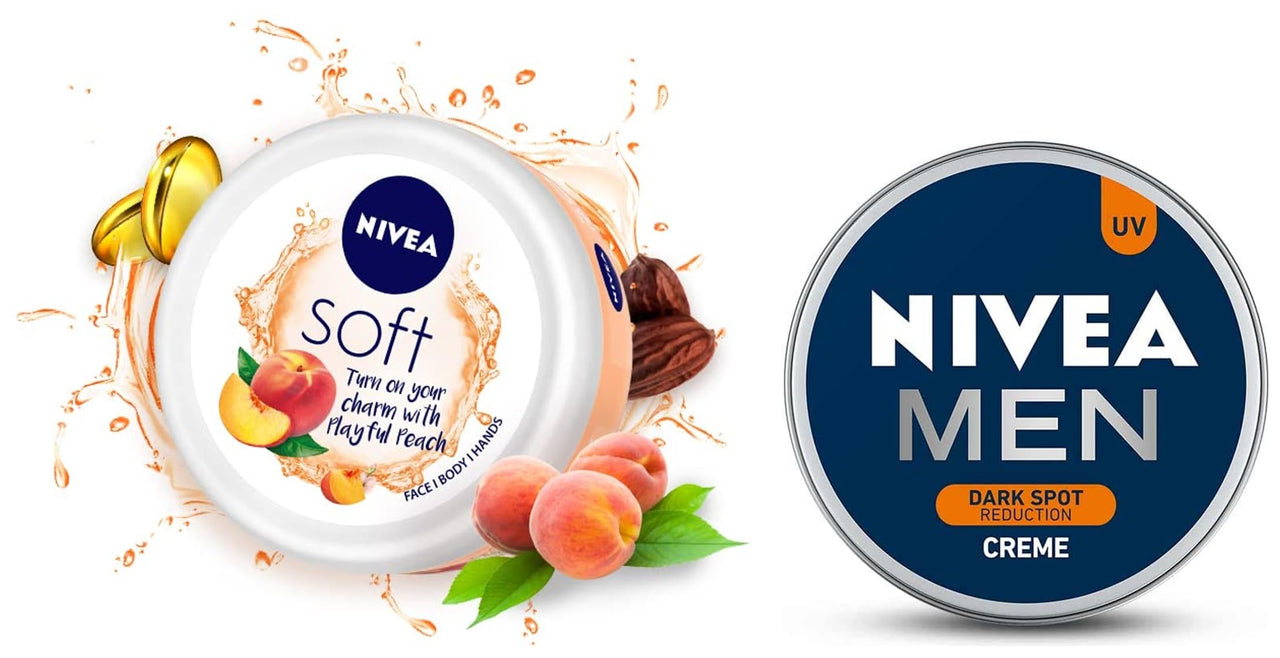 Nivea Soft Light Moisturizer Cream, Playful Peach, With Vitamin E & Jojoba Oil For Face, H&s & Body 100 Ml&Nivea Men Creme, Dark Spot Reduction, Non Greasy Moisturizer, Cream with UV Protect, 75 ml