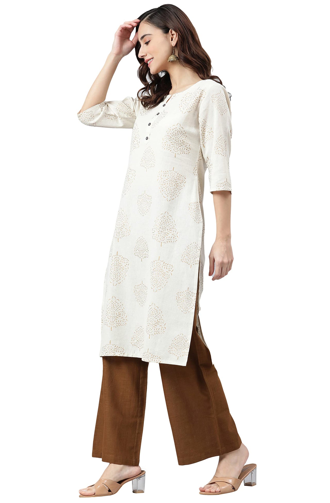 Janasya Women's  Beige Cotton Flex Kurta With Palazzo
