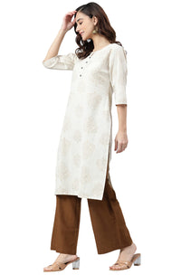 Janasya Women's  Beige Cotton Flex Kurta With Palazzo