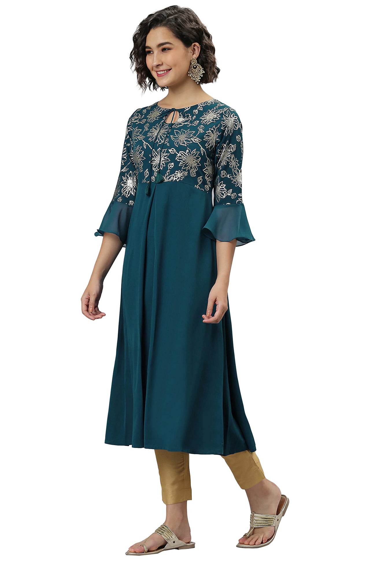 Janasya Women's  Teal Ethnic Motifs Crepe Kurta S