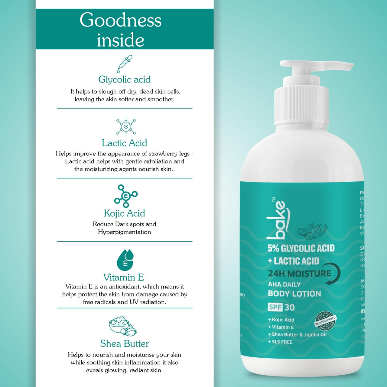 BAKE 5% Glycolic & Lactic Acid Body Lotion SPF 30 PA+++ for Dark Spots Body Acne | Dead Skin Removal & Uneven Skin Tone | 5% AHA Maxiimum Exfoliation | 200ml