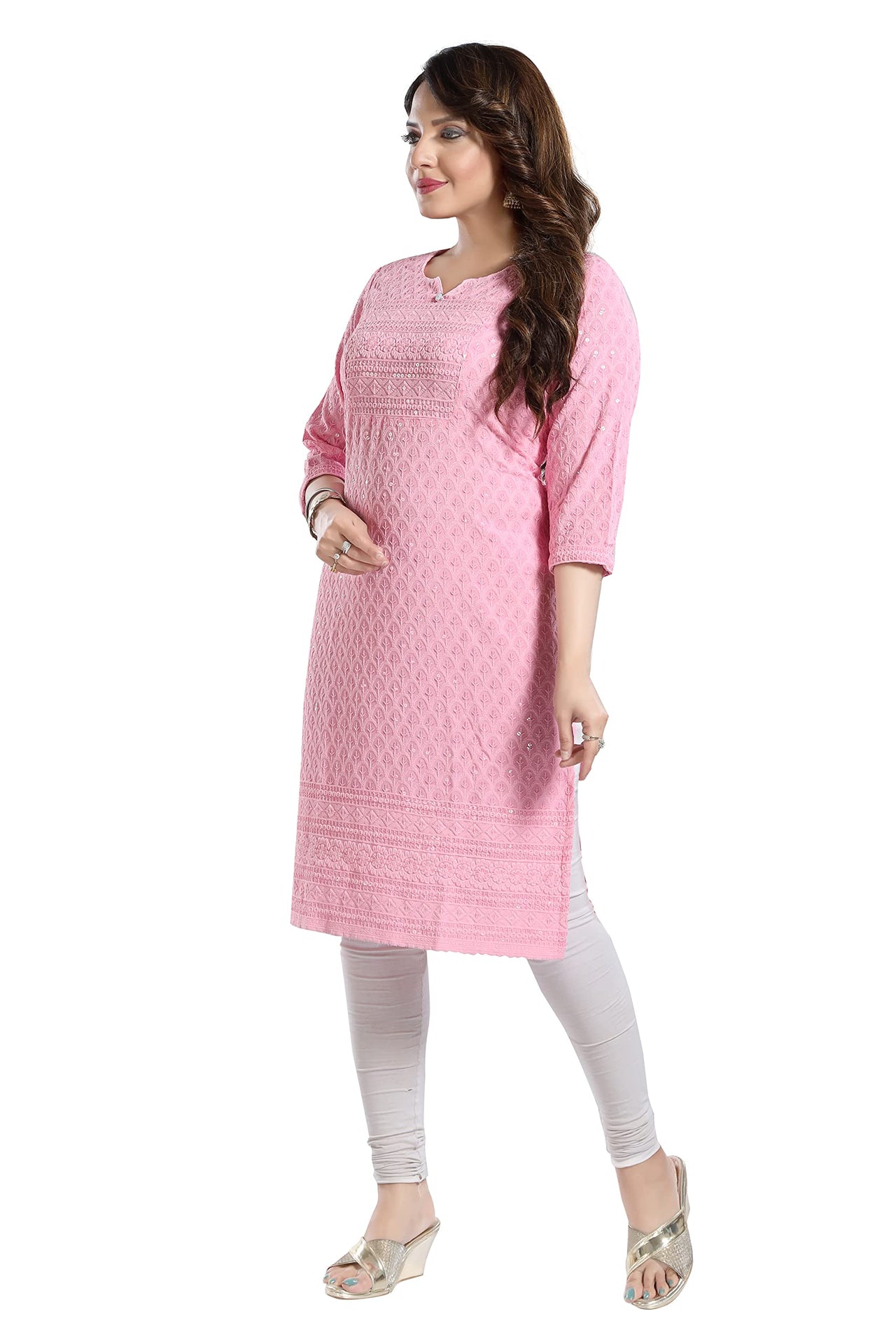 QUEEN SHIELD Women's  Knee Length Rayon Chikan-Kari KurtaKurti (QS_6631)