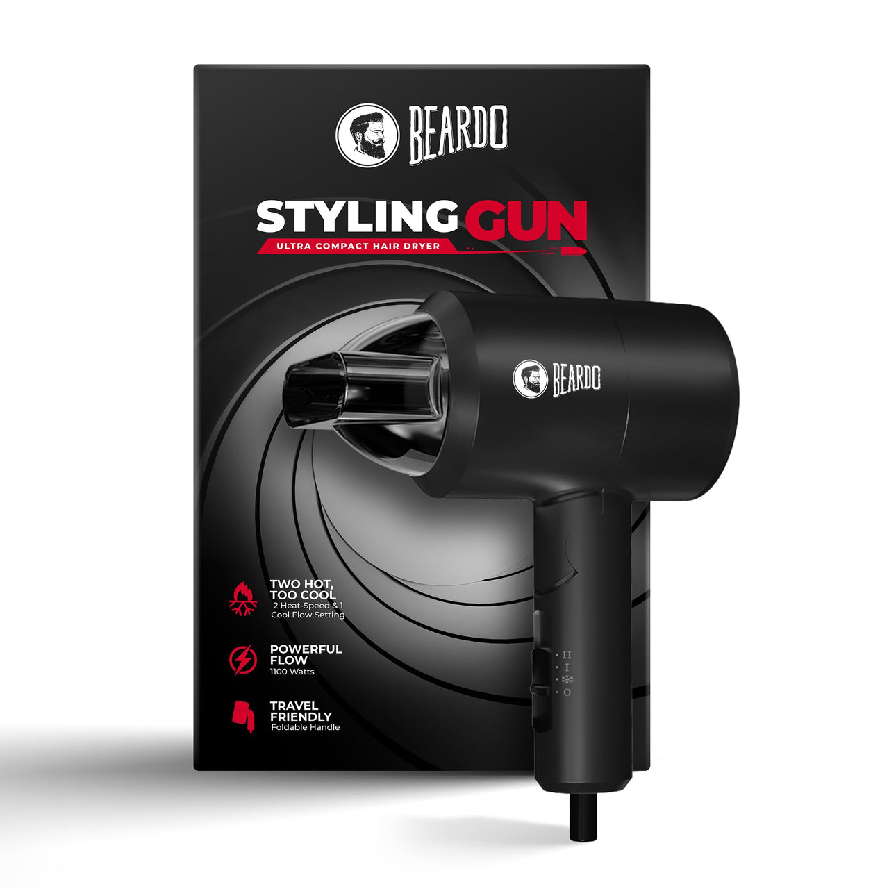 BEARDO Styling Gun Ultra Compact Hair Dryer | 1100 Watts Foldable Hair Dryer | 3 Heat 2 Speed Setting | Hair Dryer For Men | Travel Friendly | Stylish Matte Black Finish | Gift For Brother | Gift For Friends | Gift for Husband