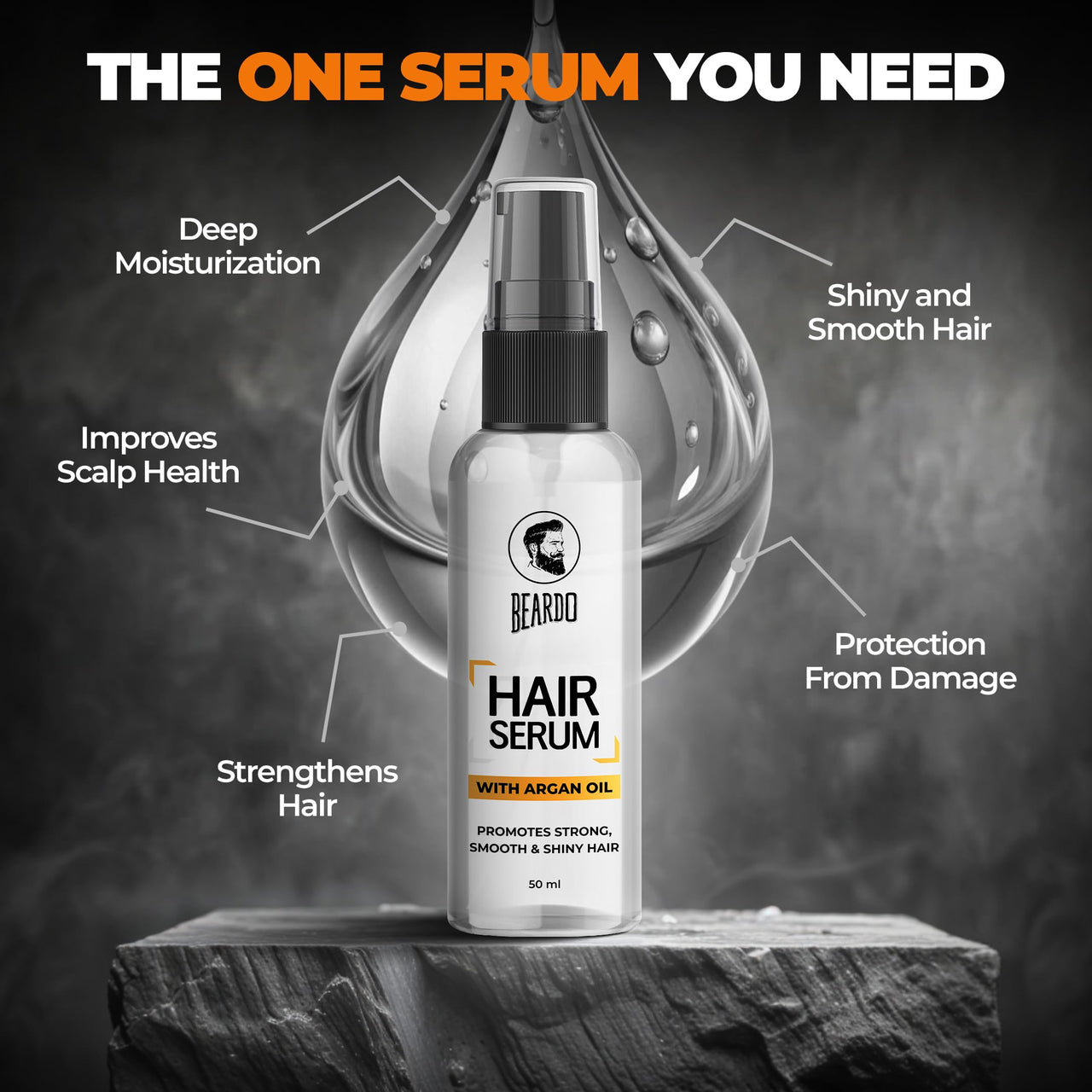 Beardo Hair Serum 50ml for Instant Shine & Anti-frizz with Argan Oil, Made for Men's  Hair, Super Light-weight | Provides shine, smoothness and damage protection | Luxurious Shine, Frizz-Free Hair Serum for Men