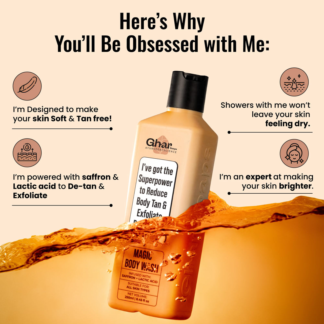 Ghar Soaps Magic De-Tan body wash for tan removal | Exfoliating Body Wash with Saffron, Lactic Acid & Niacinamide | Detan body wash | Removes Tan & Helps in Skin Lightening | Paraben & SLS Free