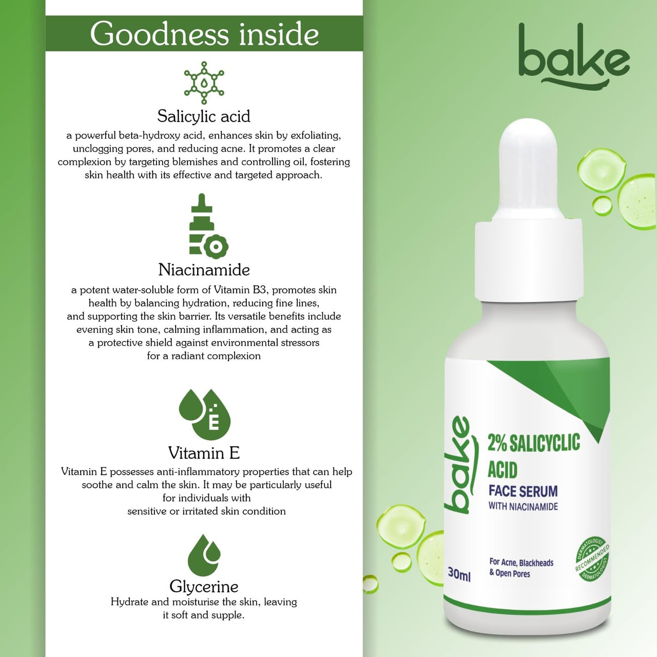 BAKE 2% Salicylic Acid Face Serum for Active Acne, Blackheads & Whiteheads with Niacinamide | Fades Acne Marks, Controls Sebum Production | For Women & Men | 30ml