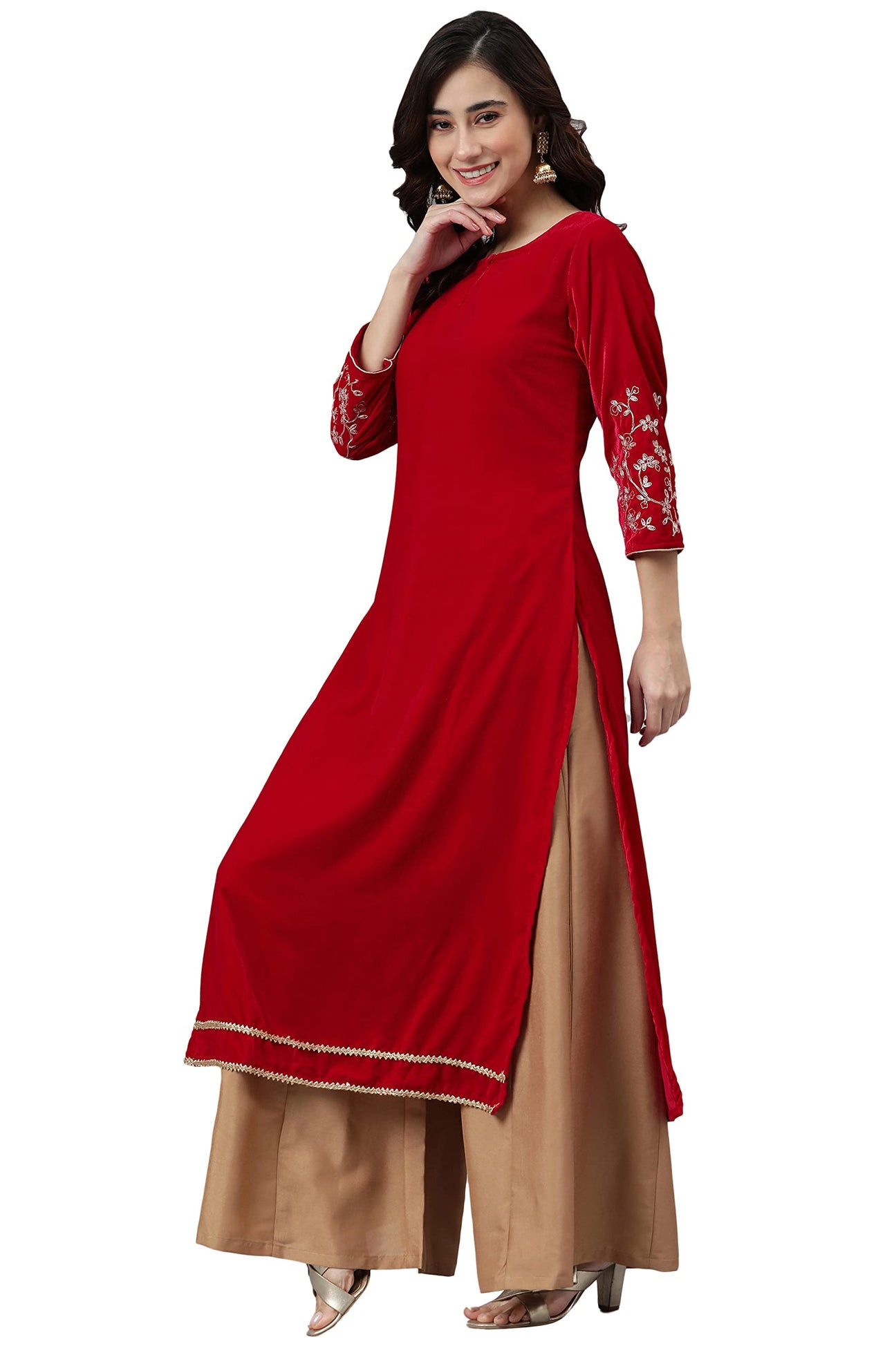 Janasya Women's  Red Velvet Kurta With Palazzo and Dupatta