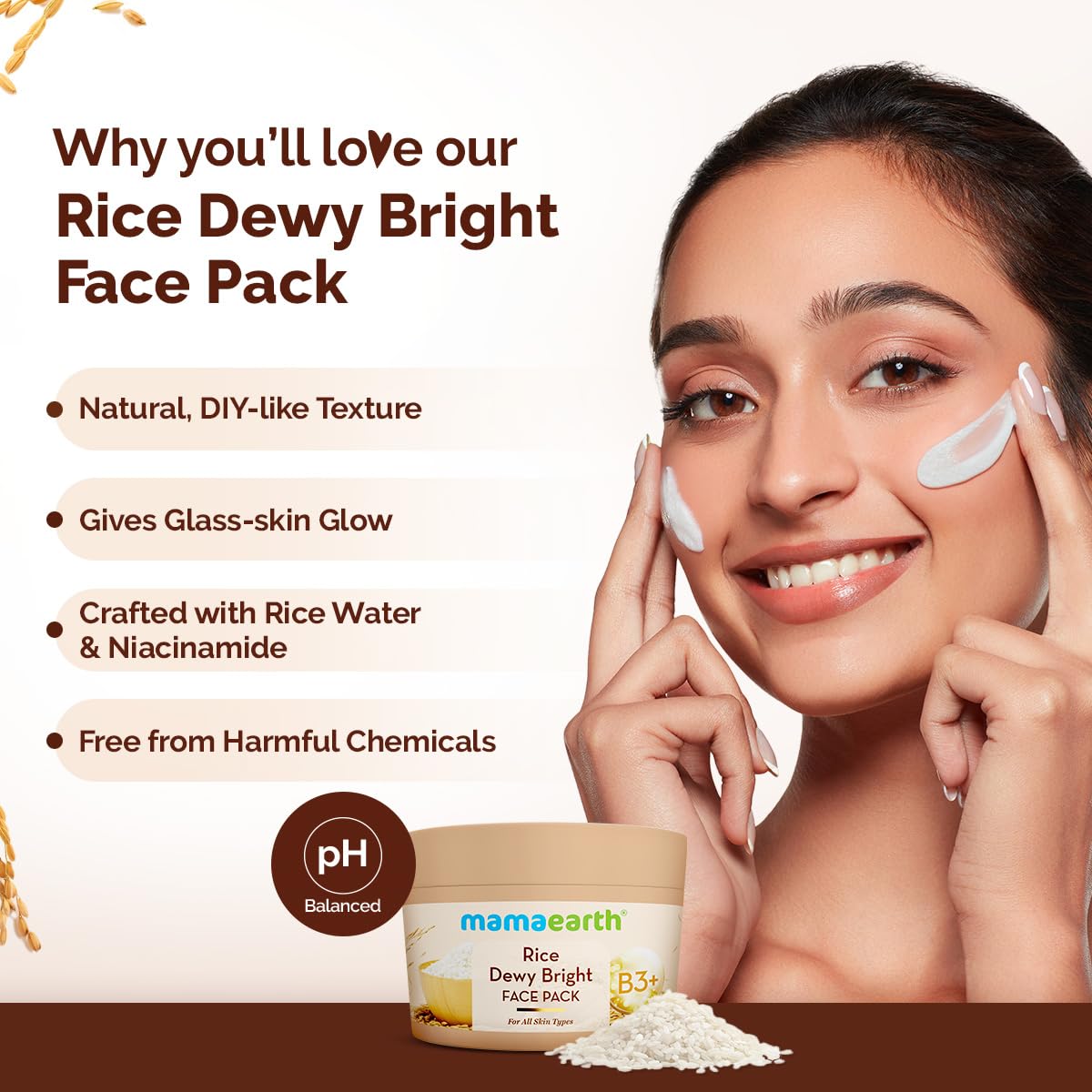 Mamaearth Rice Dewy Bright Face Pack with Rice Water & Niacinamide For Glass Skin 200g | DIY-like Texture | Gives Glass-Like Glow |Instant Brightness | Gel Cream Face Mask |Free From Harmful Chemicals
