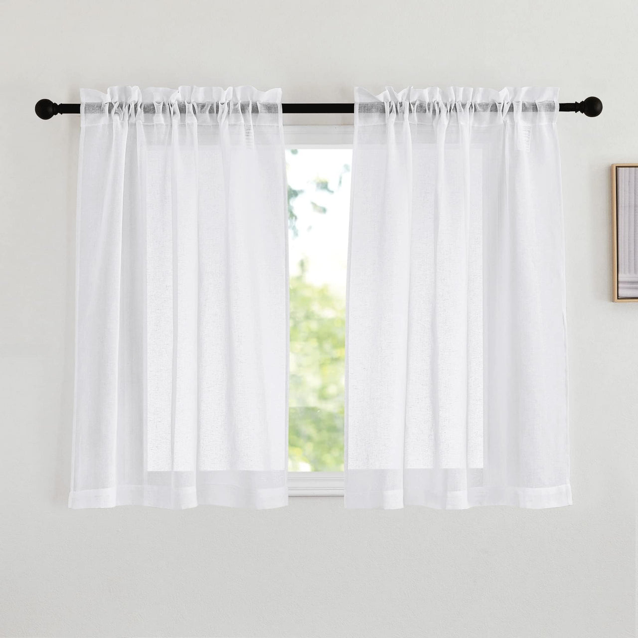 NICETOWN Kitchen Window Curtains, Rod Pocket Semi Sheer Linen Drapes Short Small Curtains Privacy Protection with Light Filtering for Bathroom/Cafe, White, W42 x 45", 2 Panels W42 x L45 *White
