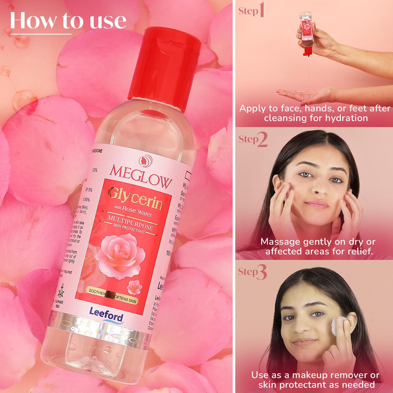 Meglow by Leeford | Glycerin with Rose Water | Rose Water for Face | Gulaab Jal for men & women | Cleanses, Hydrates & Moisturises Skin | Balances & Restores Skin's pH Levels - 100mL (Pack of 2)