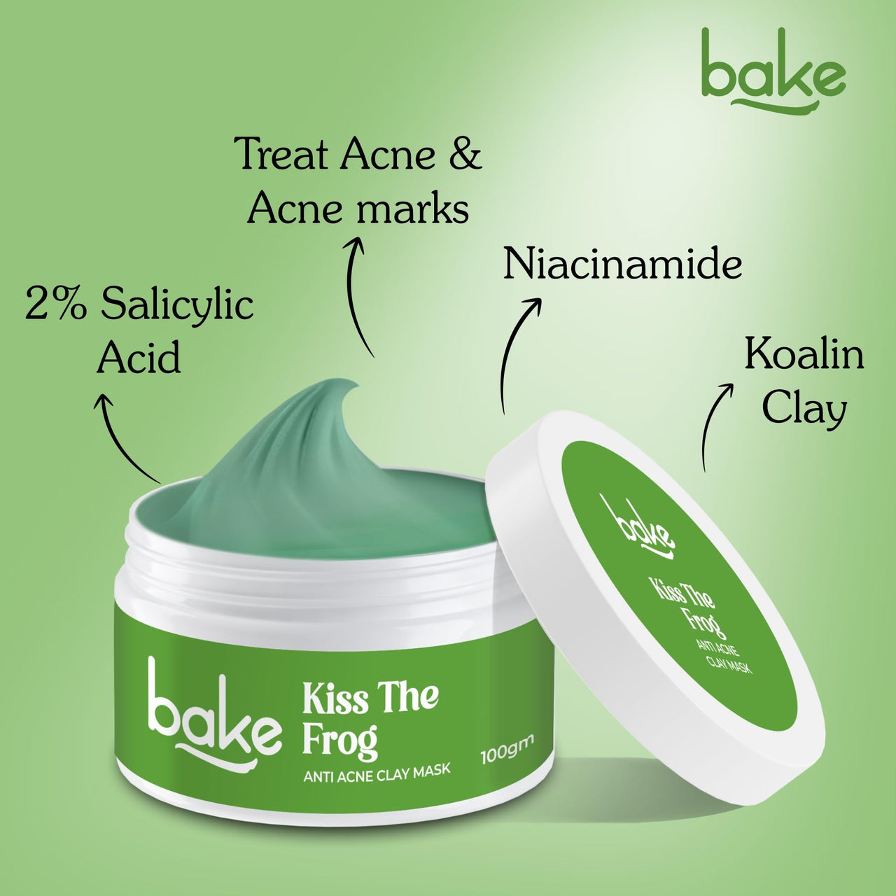 BAKE 2% Salicylic Acid Clay Mask Niacinamide for Acne Prone, Oily Skin, Open Pores & Blackheads | Anti Acne Clay Mask with Kaolin Clay | For Dark Spots, Oily Skin & Blemishes - 100g