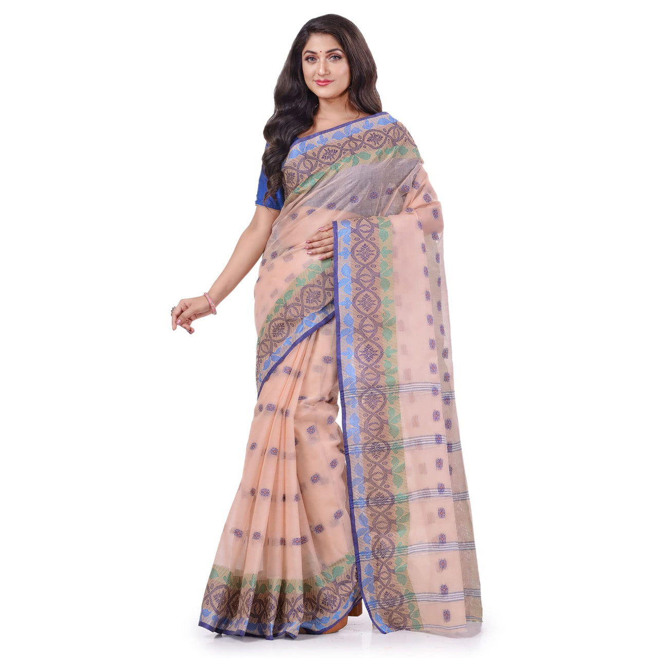 dB DESH BIDESH Women`s Traditional Bengal Tant Tri Leaf Woven Design Pure Handloom Cotton Saree Without Blouse Piece