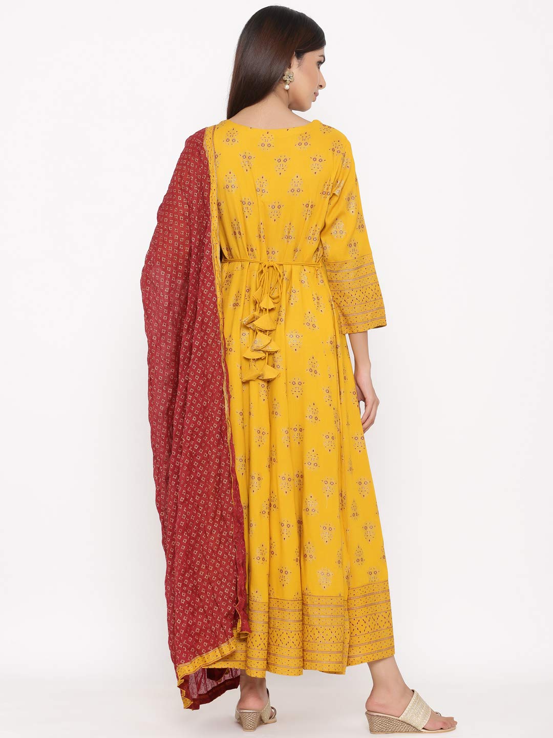 KIPEK Women's  Rayon Round Neck Anarkali Kurta with Dupatta in Mustrad Yellow Color Latest Kurti Designed for Casual Function wear Comfy and Smooth in Any Occasions