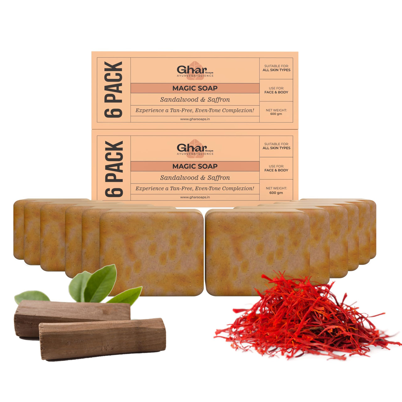 GHAR SOAPS Magic Soap Sandal Wood And Saffron Bath Soap For Glowing Brightening And Refreshing Skin Natural & Paraben Free| Deeply clean pores and remove dirt and grime (Pack of 12 (100 gm)