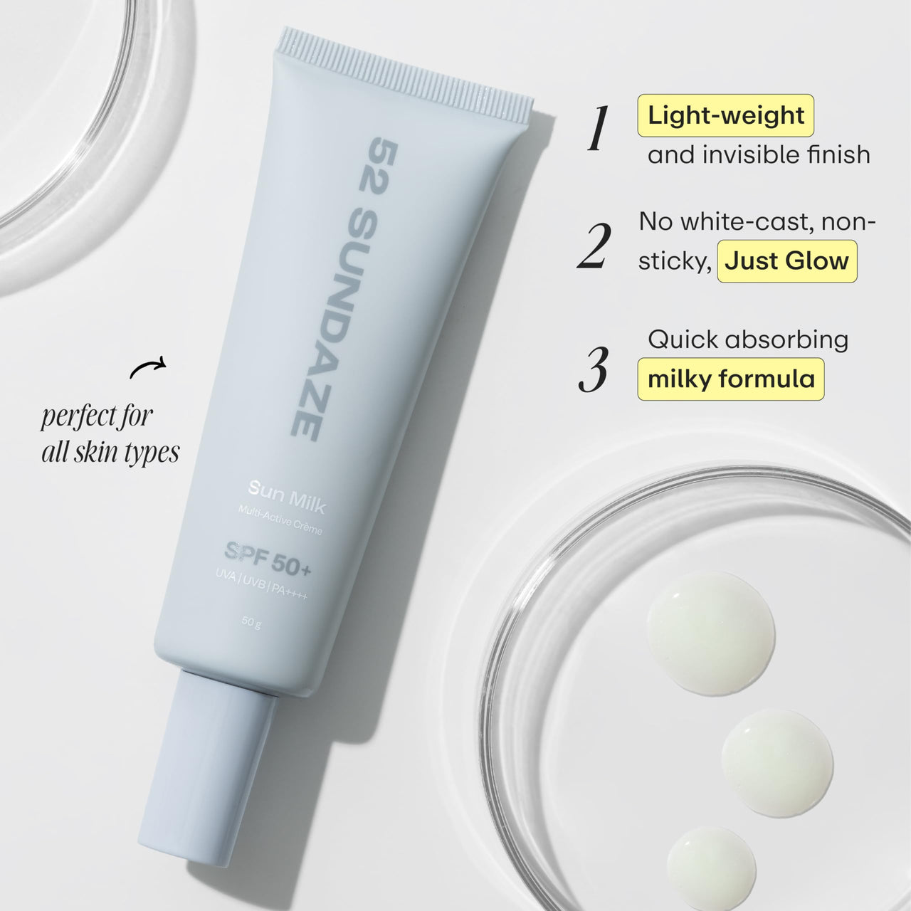 52 Sundaze Sun Milk SPF50 Multi Active Cream for Face | SPF 50+ PA++++ Sunscreen | Invisible Sun Screen | Broad Spectrum | For Oily & Dry Skin | No White Cast | Men & Women | 50 g