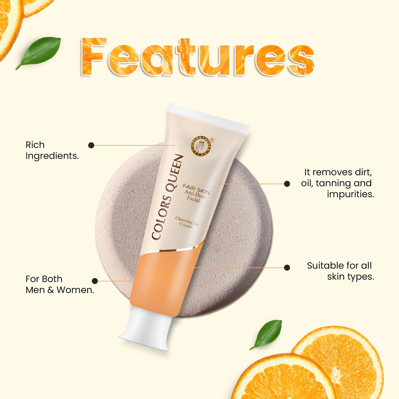 Colors Queen Anti Dust Facial Cleanser | Instant Dirt Removal Face Wash for Glowing Skin | Face Cleanser for Men and Women with Cleansing Ice Crystal Formula (50 gram)