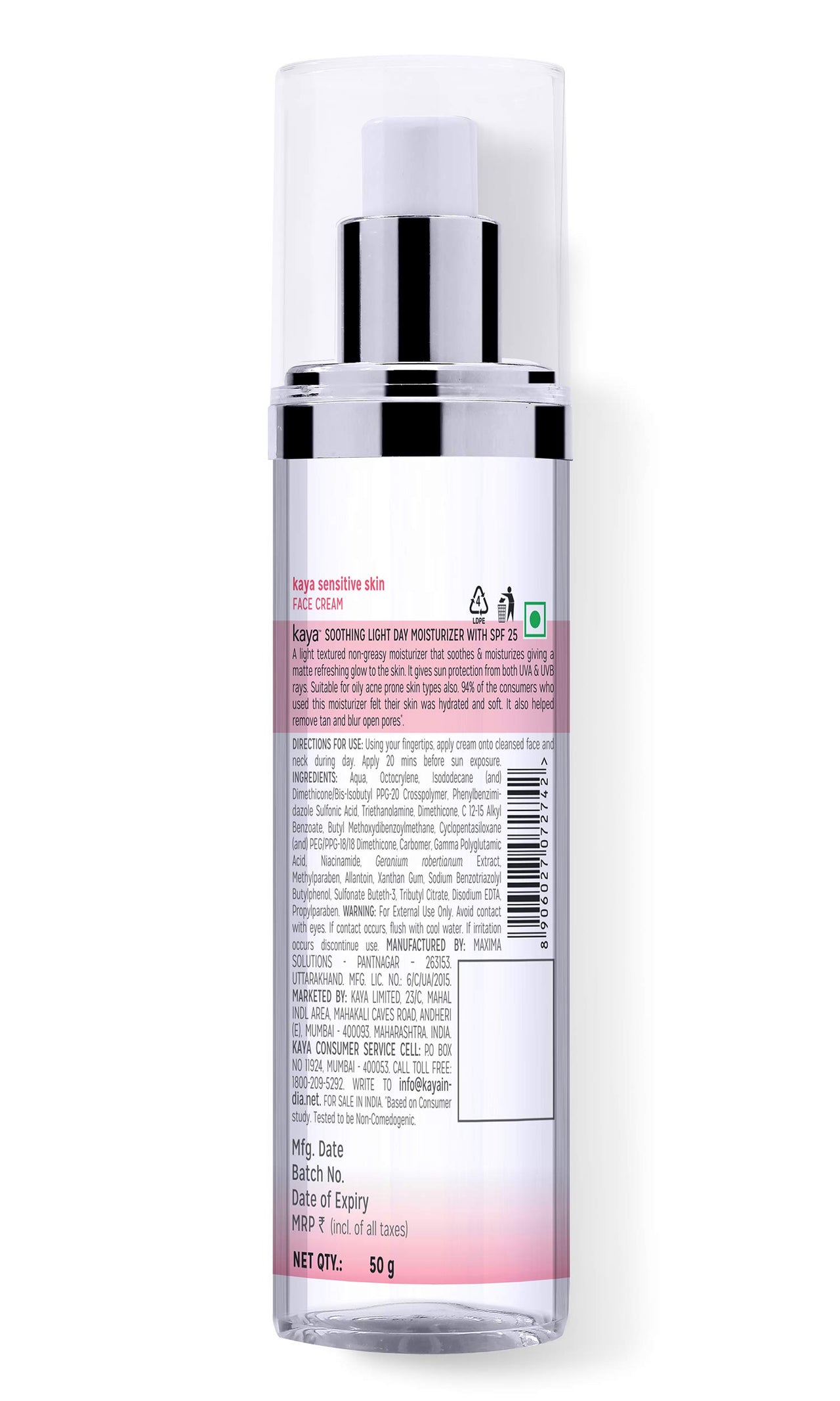 Kaya Clinic Soothing Light Day Moisturizer With SPF25, Non-Greasy Daily Cream, Color, Sulfate, & Fragrance Free, Hypoallergenic for Sensitive Skin, 50ml